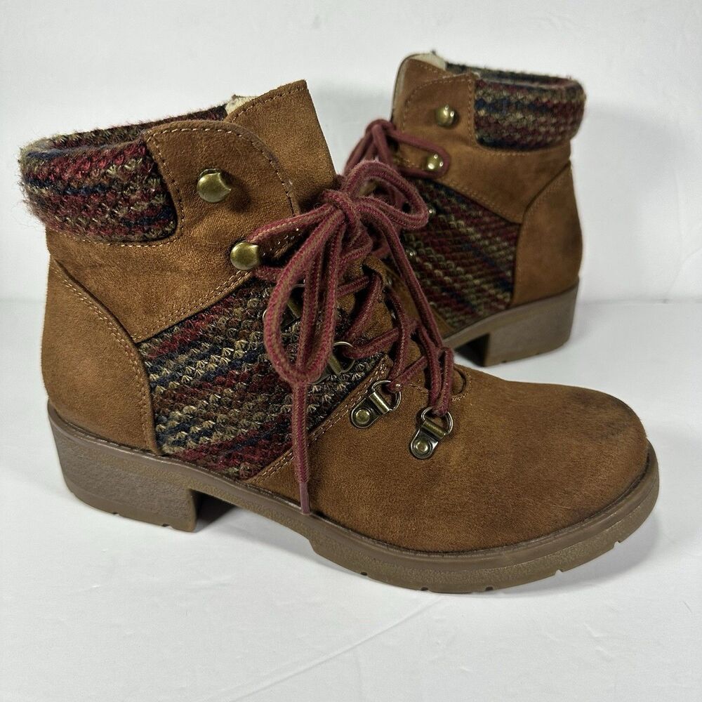 Mossimo Supply Co. Women's Lace Up Ankle Boots Brown Suede Knit Trim Size 8.5